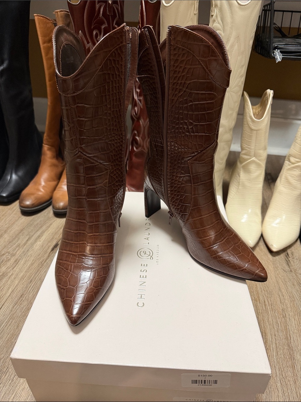Chinese Laundry Brown Croc-Embossed Pointed-Toe Heeled Boots